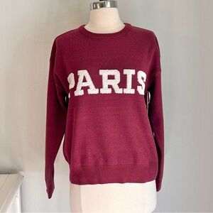 Cynthia Rowley Chunky Knit Pullover Sweater in Wine, PARIS Lettering, Sz S NWT